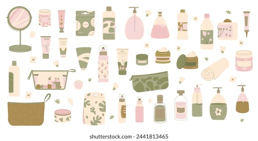 Cleansing and moisturizing face skincare set. Beauty products. Serum and cream for spa. Skin, body cosmetics bottles, containers and tubes. Flat vector illustration isolated on white background.