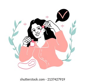 Cleansing and moisturizing face. Young woman paints her face with cosmetics. Beauty and hygiene, special preparations for skin rejuvenation. Home treatments. Cartoon flat vector illustration