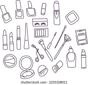 Cleansing, moisturizing, treatment. Hand drawn vector set.  Beauty, make-up, doodle.  Beauty set of cosmetics, vector icon set. Mascara, lipstick, eye shadows, brush, concealer, lip gloss, lip gloss.