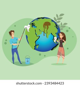 Cleansing the planet. A guy and a girl clean the planet Earth from dirt. Vector