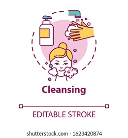 Cleansing, pore purification concept icon. Face skin washing, cleanser use, hygienic procedure idea thin line illustration. Vector isolated outline RGB color drawing. Editable stroke