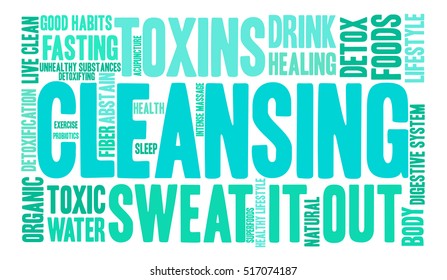 Cleansing word cloud on a white background. 