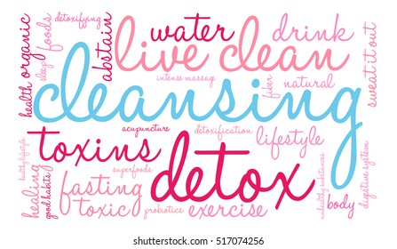 Cleansing word cloud on a white background. 