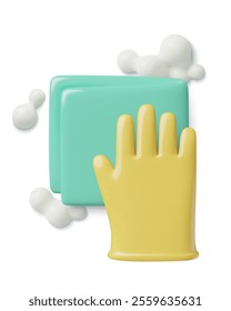 Cleanup 3d vector icon with a hand in a yellow glove and a napkin with soap. Window washing or sanitizing surface concept minimal illustration isolated on white background.