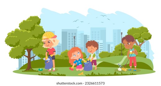 Cleanup of city park by kids vector illustration. Cartoon isolated scene of volunteering, social responsibility about ecology and altruism with volunteers cleaning public area, environment from trash