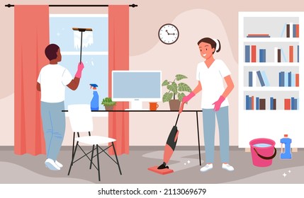 Cleanup of home or office workplace by cleaning service team vector illustration. Cartoon man in gloves washing dirty window with detergent and water, woman working with vacuum cleaner background