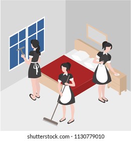 Cleanup in the hotel room. Isometric maid in uniform. Cleaning company staff works with the equipment. Housework and household vector illustration