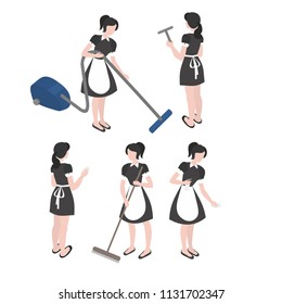 Cleanup and housekeeping set. Isometric maid in uniform. Cleaning company staff occupation. Housework and household vector illustration