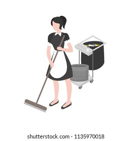 Cleanup and housekeeping set. Isometric maid in uniform. Cleaning company staff occupation. Housework and household vector illustration