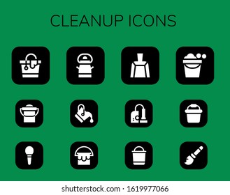 cleanup icon set. 12 filled cleanup icons. Included Bucket, Enema, Dustpan, Vacuum, Broomstick icons