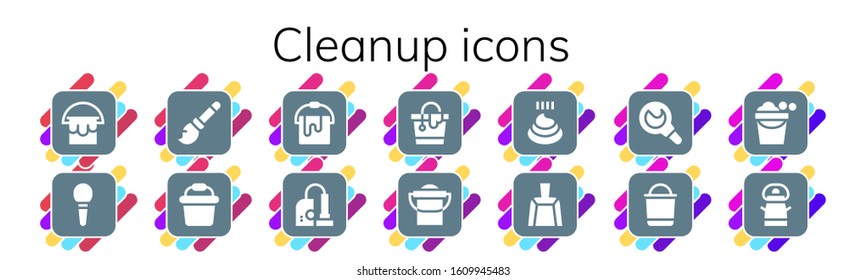 cleanup icon set. 14 filled cleanup icons.  Simple modern icons such as: Bucket, Enema, Broomstick, Vacuum, Poo, Dustpan