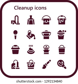  cleanup icon set. 16 filled cleanup icons. Simple modern icons about  - Vacuum cleaner, Dustpan, Bucket, Enema, Poo, Vacuum, Broomstick