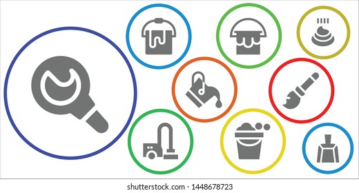 cleanup icon set. 9 filled cleanup icons.  Simple modern icons about  - Enema, Bucket, Vacuum cleaner, Broomstick, Poo, Dustpan