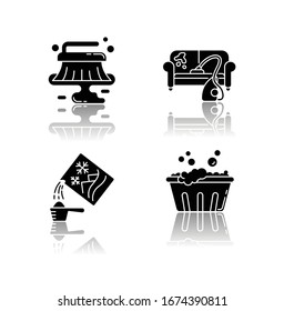 Cleanup service drop shadow black glyph icons set. Stain removal, floor wet cleaning and furniture dry cleaning. Handwash, washing powder and basin use. Isolated vector illustrations on white space