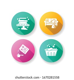 Cleanup service flat design long shadow glyph icons set. Stain removal, floor wet cleaning and furniture dry cleaning. Handwash, washing powder and basin use. Silhouette RGB color illustrations
