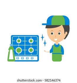 Cleanup Service Worker And Clean Stove, Cleaning Company Infographic Illustration