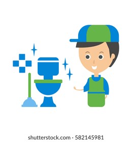 Cleanup Service Worker And Clean Toilet, Cleaning Company Infographic Illustration