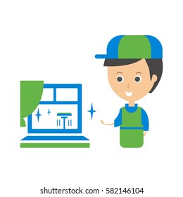 Limpieza Del Trabajador Del Servicio Y Ventana Limpia, Ilustración Infográfica De La Empresa De Limpieza