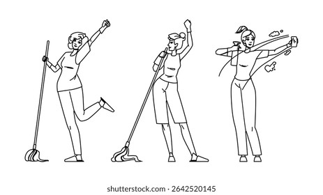 limpeza vetor de limpeza de mola. casa de trabalho, higiene de serviço, suprimentos detergente limpeza de mola característica de limpeza de mola. pessoas linha preta lápis desenho ilustração