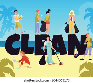Cleanup volunteering environment saving eco campaign promotional banner template with cartoon characters and huge inscription, flat vector illustration.