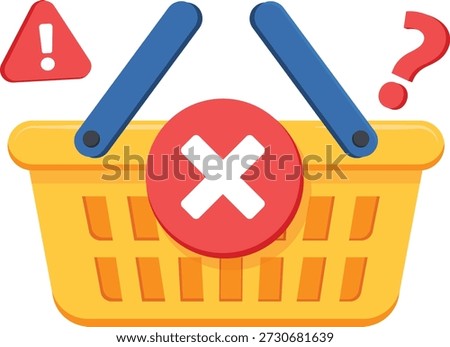 A clear 2D flat icon representing a shopping cart error with warning and cancel symbols, ideal for e-commerce checkout issues, unavailable items, and purchase interruptions.