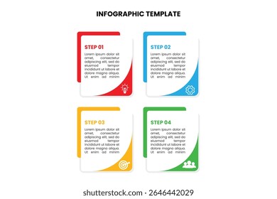 Clear 4-step infographic template with distinct sections. Ideal for showcasing sequential processes, options, or information in presentations, business reports, and educational content. Easily customi