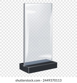 Clear acrylic table tent vector mockup. Double sided plexiglass sign holder realistic mock-up. QR code, promo poster, menu display counter stand template