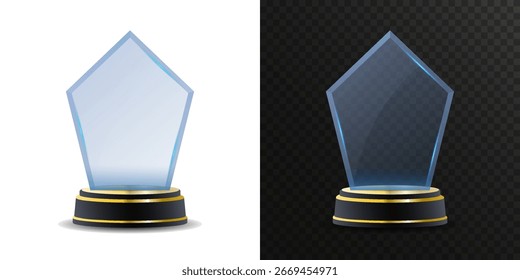Trofeo de acrílico transparente aislado sobre fondo blanco. Premio de cristal minimalista con detalles dorados, perfecto para los ganadores del deporte, el éxito corporativo, el reconocimiento premium y los logros profesionales.