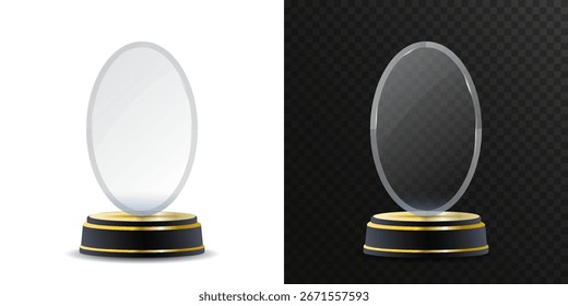 Klare Acryltrophäe einzeln auf weißem Hintergrund. Minimalistischer Kristallpreis mit goldenen Details, perfekt für Sportgewinner, Unternehmenserfolg, Premium-Anerkennung und professionelle Leistungen.