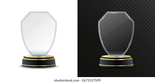 Clear acrylic trophy isolated on white background. Minimalist crystal award with golden details, perfect for sport winners, corporate success, premium recognition and professional achievements.