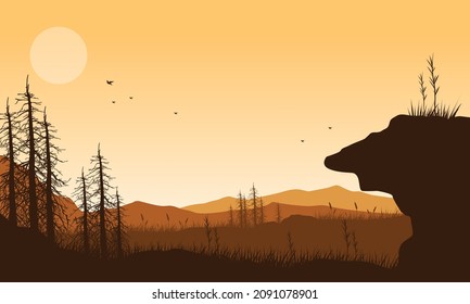 Clear afternoon sky with beautiful mountain views from the edge of rural rice fields at dusk. Vector illustration of a city