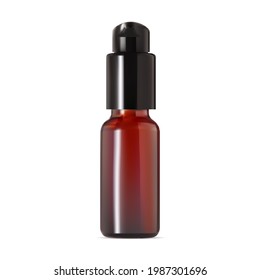 Klare gelbe Flasche. Luftundurchlässiges Pumpencontainer mit Aufschlag. Braunes Plastikserumspray. Dispenser-Glas für die Essenz der Behandlung. Mini-Öse-Grundverpackung einzeln auf Weiß