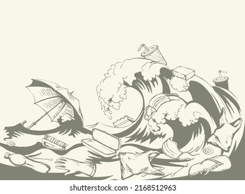 Clear Aquatic Dive Scene. Hand Draw Toxic Harm Discard Debris Hazard Surface Wildlife Sign Icon Modern Sketch Art Style. Wild Storm Surf Tide Human Landfill Ecosystem Scenic View White Sky Text Space