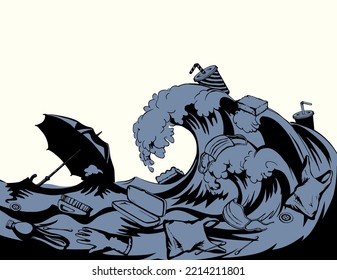 Clear aquatic dive scene. Hand draw toxic harm discard debris hazard surface wildlife sign icon modern sketch art style. Wild storm surf tide human landfill ecosystem scenic view white sky text space