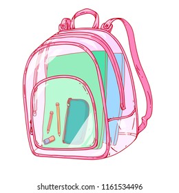 Clear Backpack. Isolated Doodle Style Illustration. Back To School Theme. Cute Cartoon, Hand Drawn.