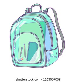 Clear Backpack. Isolated Doodle Style Illustration. Back To School Theme. Cute Cartoon, Hand Drawn.