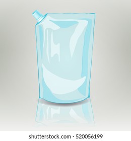 Clear Bag with place for text or image. Pack of glossy plastic for liquid. Foil Package  blue color for liquid