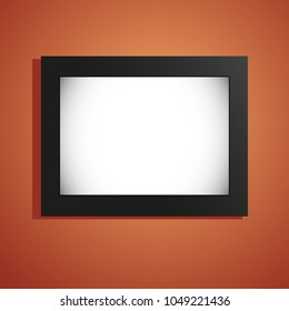 Clear billboard lightbox mock up hanging on orange gradient background. Vector illustration. Black metal frame with luminous empty banner. Outdoor and indoor advertising. Light and shadow.