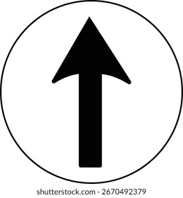 A clear black arrow symbol pointing directly upward within a white circular boundary. This directional graphic signifies a forward movement or a single, straight path.