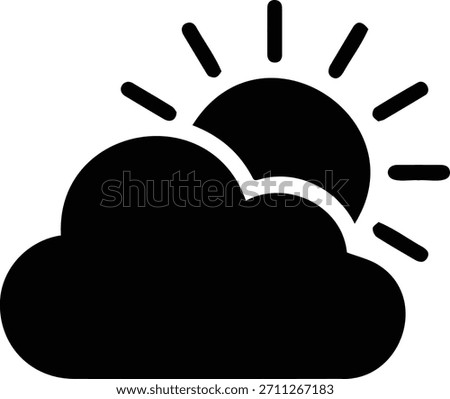 A clear black icon showing a bright sun peeking from behind a dark cloud, representing a weather forecast for partly sunny or cloudy conditions. Perfect for weather apps.