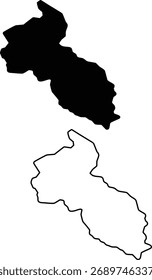 Eine klare schwarze Silhouette und Umrisskarte von Västmanland County, Schweden, einzeln auf sauberem, weißem Hintergrund.