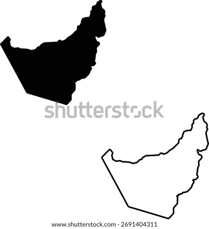 A clear black solid shape and an accompanying outline depict an unnamed geographical region, presented distinctly on white.