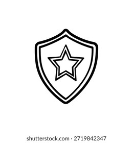 Clear black and white graphic showcasing a shield outline containing a star outline in the center, depicted as an isolated icon illustration for design use.