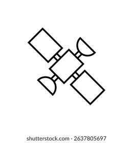 A clear, black and white line drawing of an orbiting satellite. It features a square central body with attached solar panels and reflectors on booms.