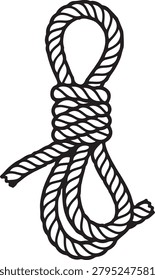 A clear black and white line drawing of a tightly tied bowline knot in rope, perfect for nautical or survival guides.