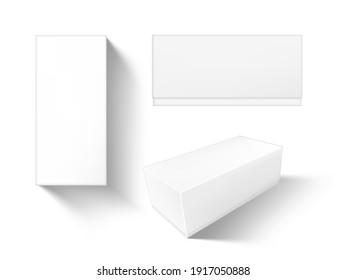 Caja de producto de cartón blanco transparente. Vista Superior, Lateral Y 3D. Vector EPS10