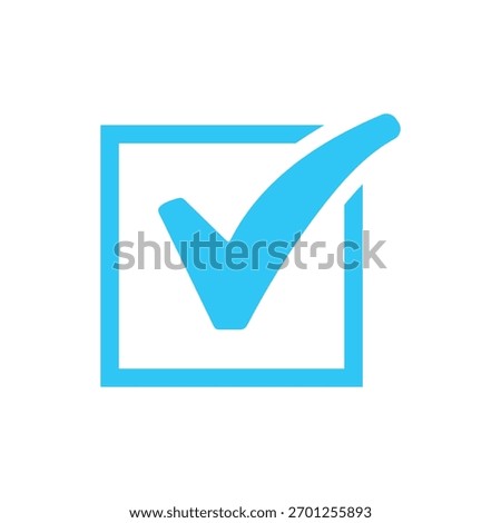 Clear blue check mark icon within a square outline. Symbolizes success, approval, completion, validation, and agreement in digital applications.
