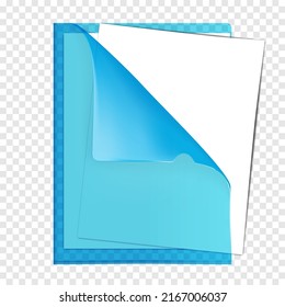 Clear blue color plastic project pocket with white blank paper sheets inside realistic mockup. PVC file sleeve folder with folded corner vector template svg