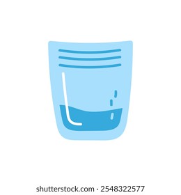 A clear blue cup filled with water sits on a white surface in a bright environment