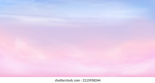 Cielo azul claro, naranja y rosa y detalles en la nube blanca con espacio para copiar. Cielo de verano con un cielo dulce y colorido. Nubes de algodón de azúcar rosa para el diseño.Montaje de color pastel fantástico. Ilustración vectorial.